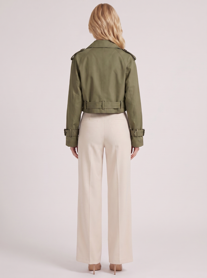 Women's army green utility trench with epaulette shoulders and belted cuffs