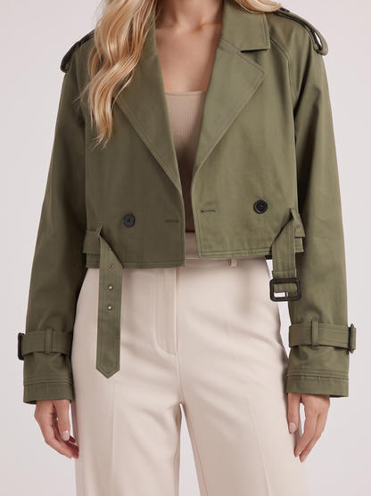 Women's army green utility trench with epaulette shoulders and belted cuffs