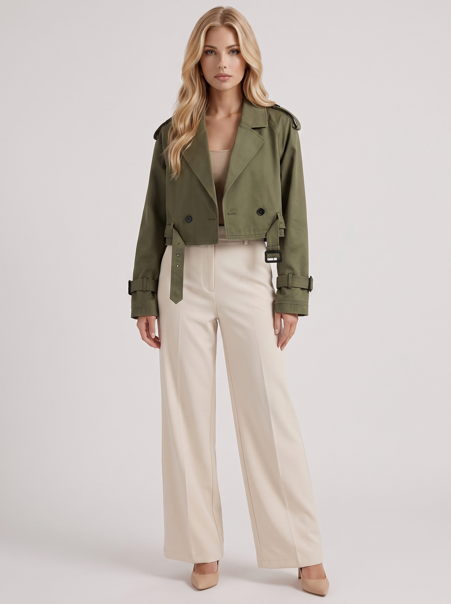 Women's army green utility trench with epaulette shoulders and belted cuffs