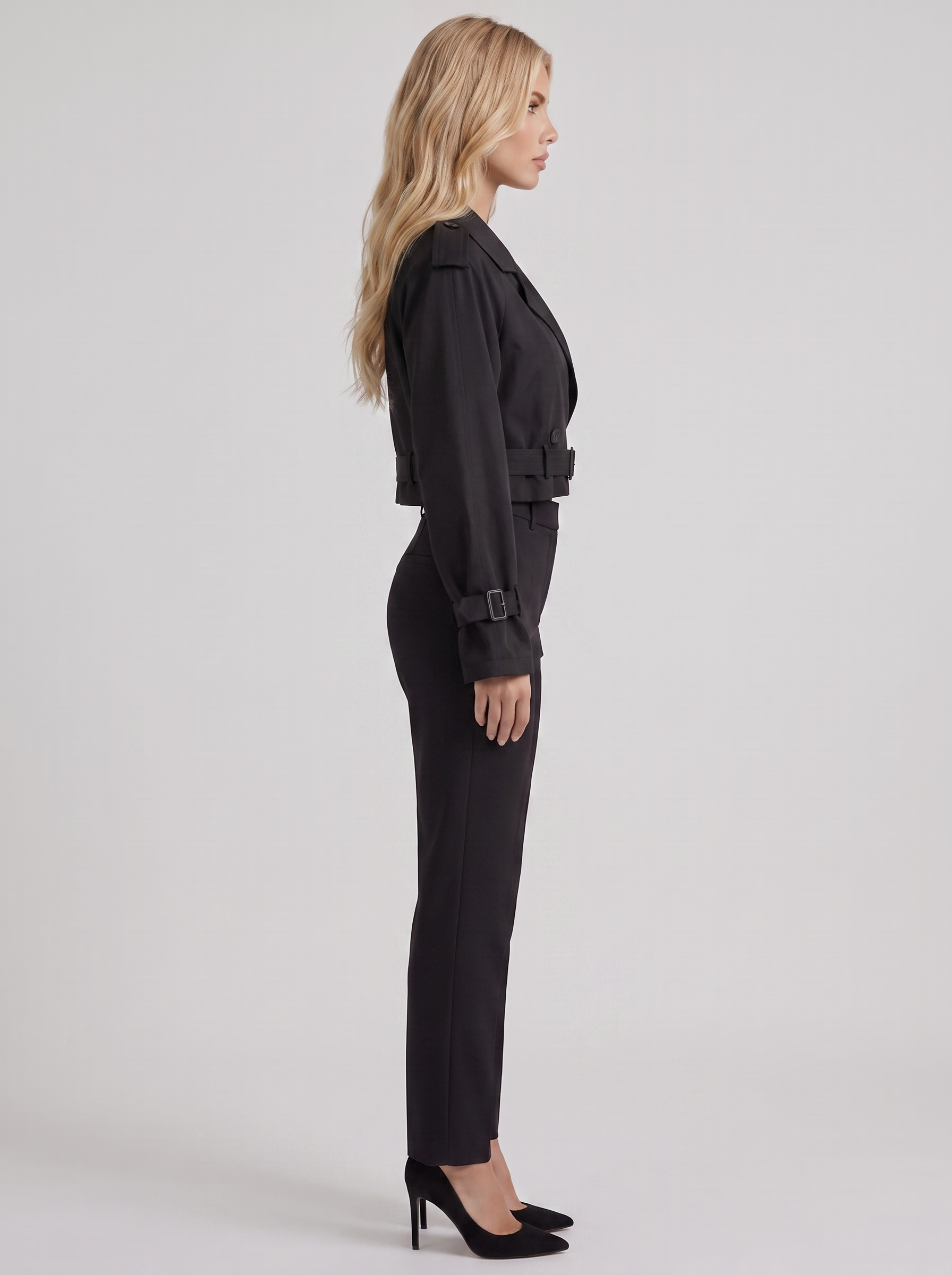 Women's black utility trench with epaulette shoulders and belted cuffs