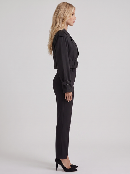 Women's black utility trench with epaulette shoulders and belted cuffs