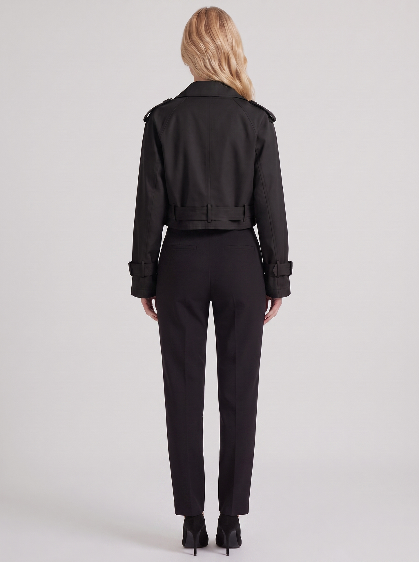 Women's black utility trench with epaulette shoulders and belted cuffs