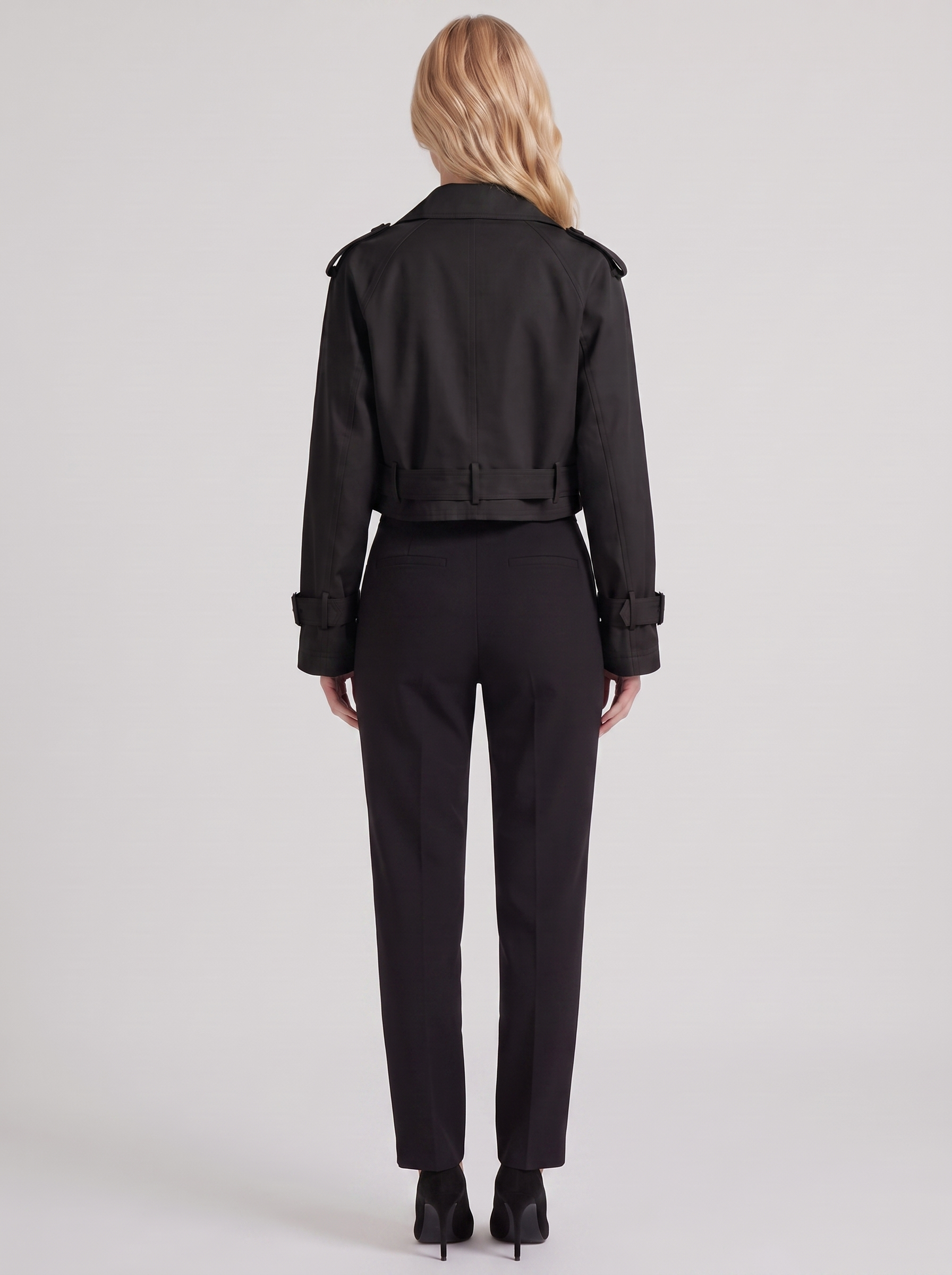 Women's black utility trench with epaulette shoulders and belted cuffs