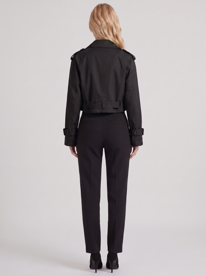 Women's black utility trench with epaulette shoulders and belted cuffs