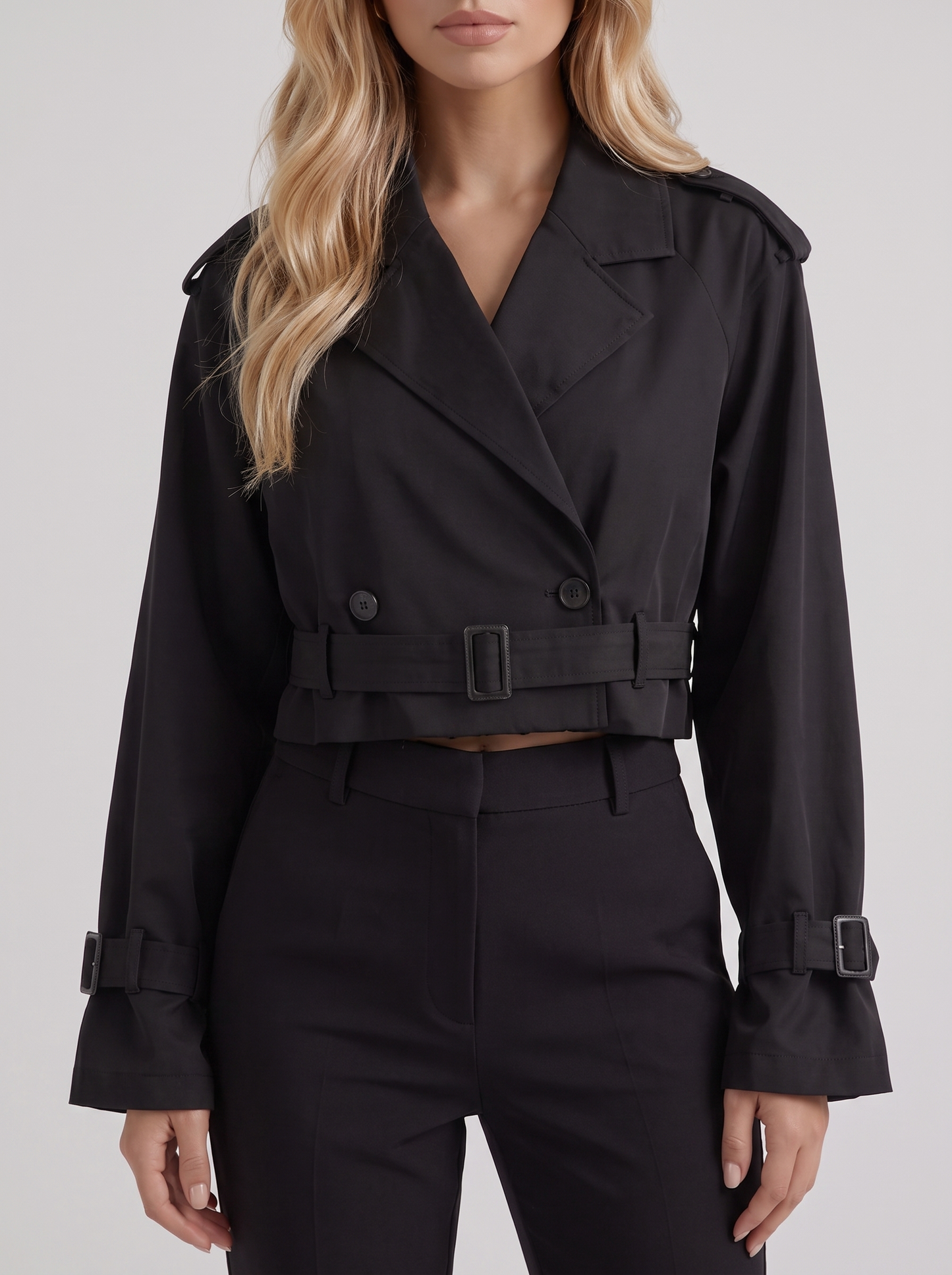 Women's black utility trench with epaulette shoulders and belted cuffs