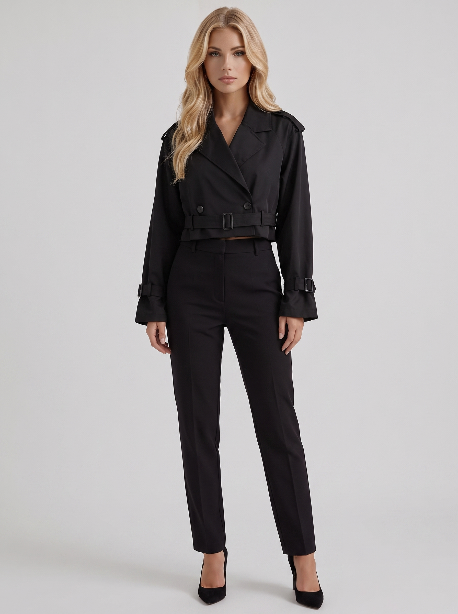 Women's black utility trench with epaulette shoulders and belted cuffs