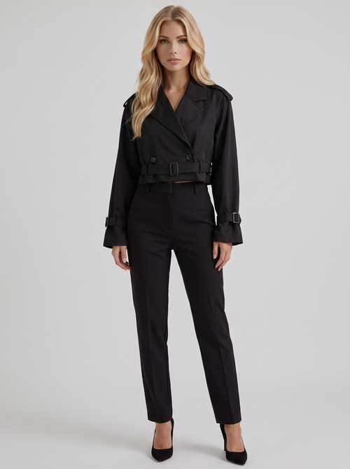 Women's black utility trench with epaulette shoulders and belted cuffs