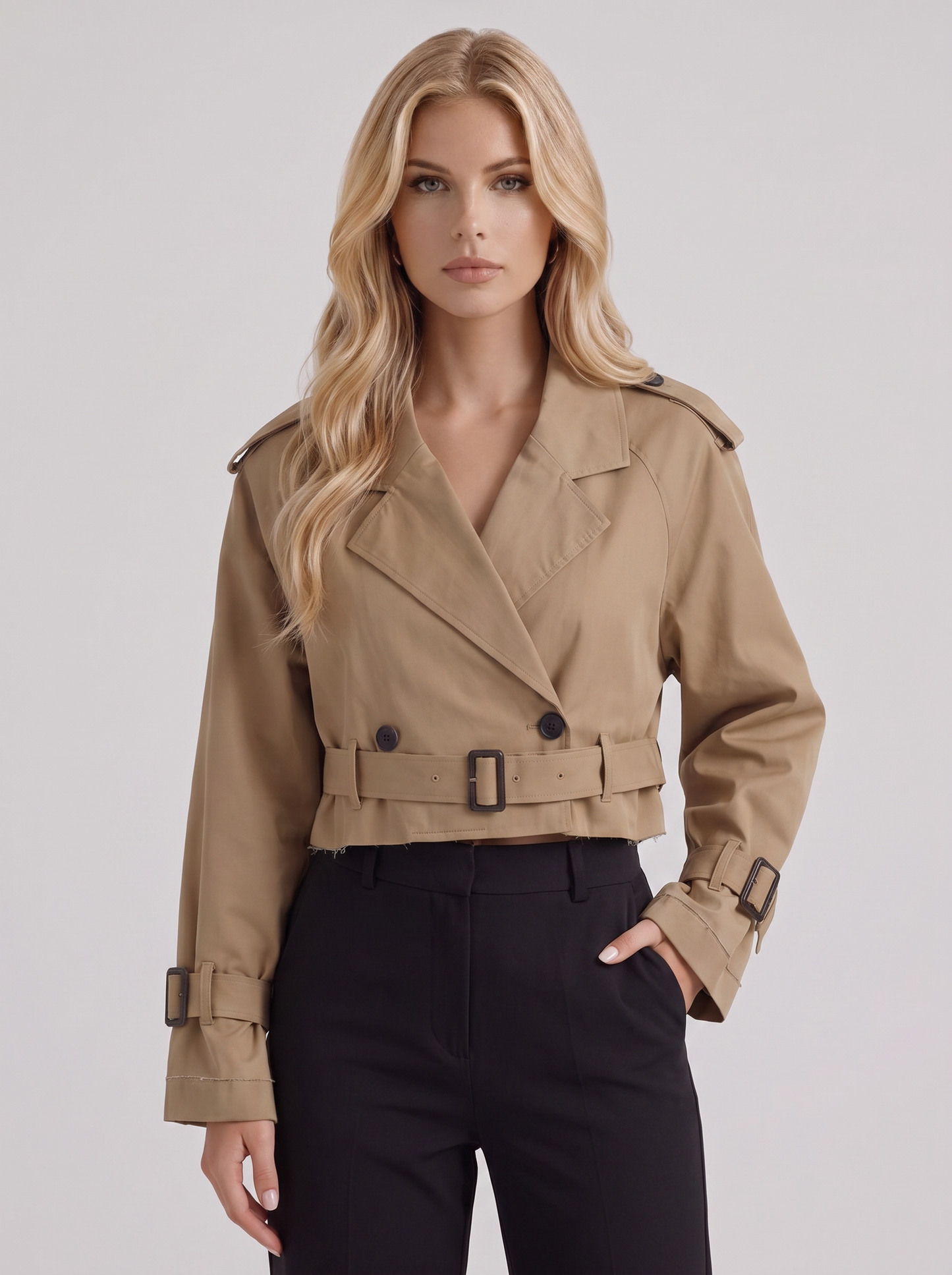 Women's dark brown utility trench with epaulette shoulders and belted cuffs