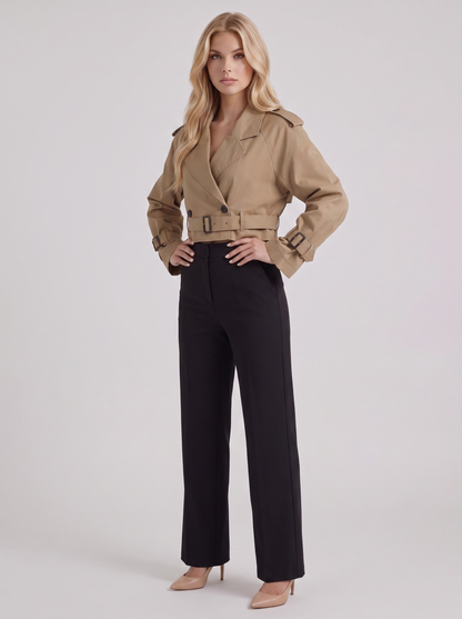 Women's dark brown utility trench with epaulette shoulders and belted cuffs