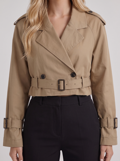 Women's dark brown utility trench with epaulette shoulders and belted cuffs