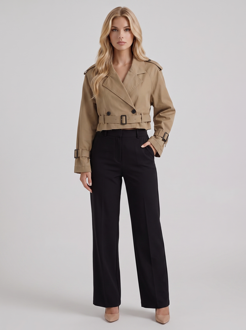 Women's dark brown utility trench with epaulette shoulders and belted cuffs