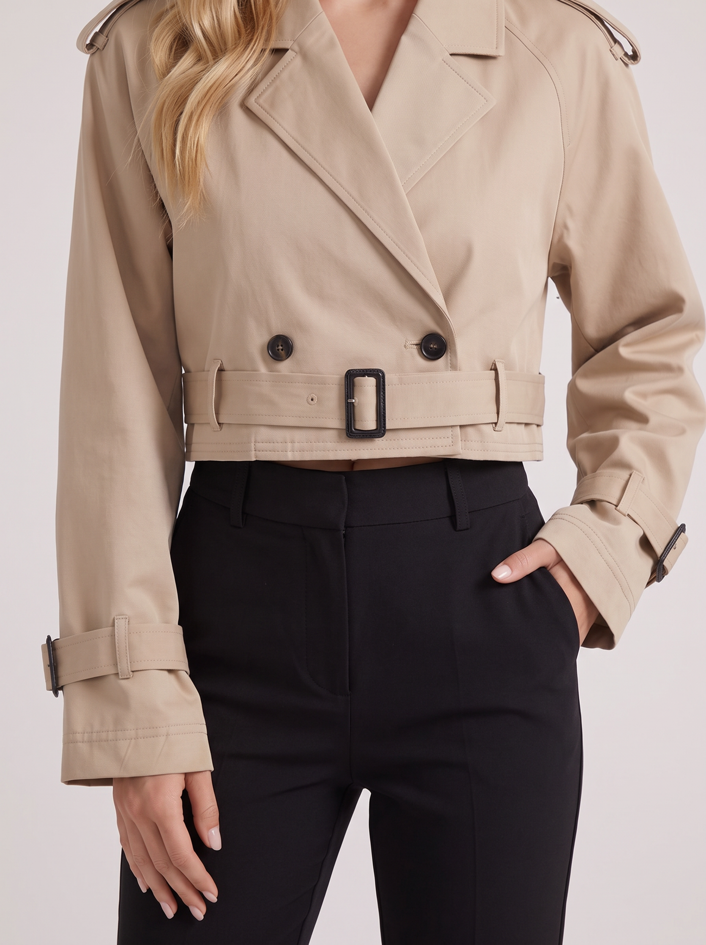 Women's khaki utility trench with epaulette shoulders and belted cuffs