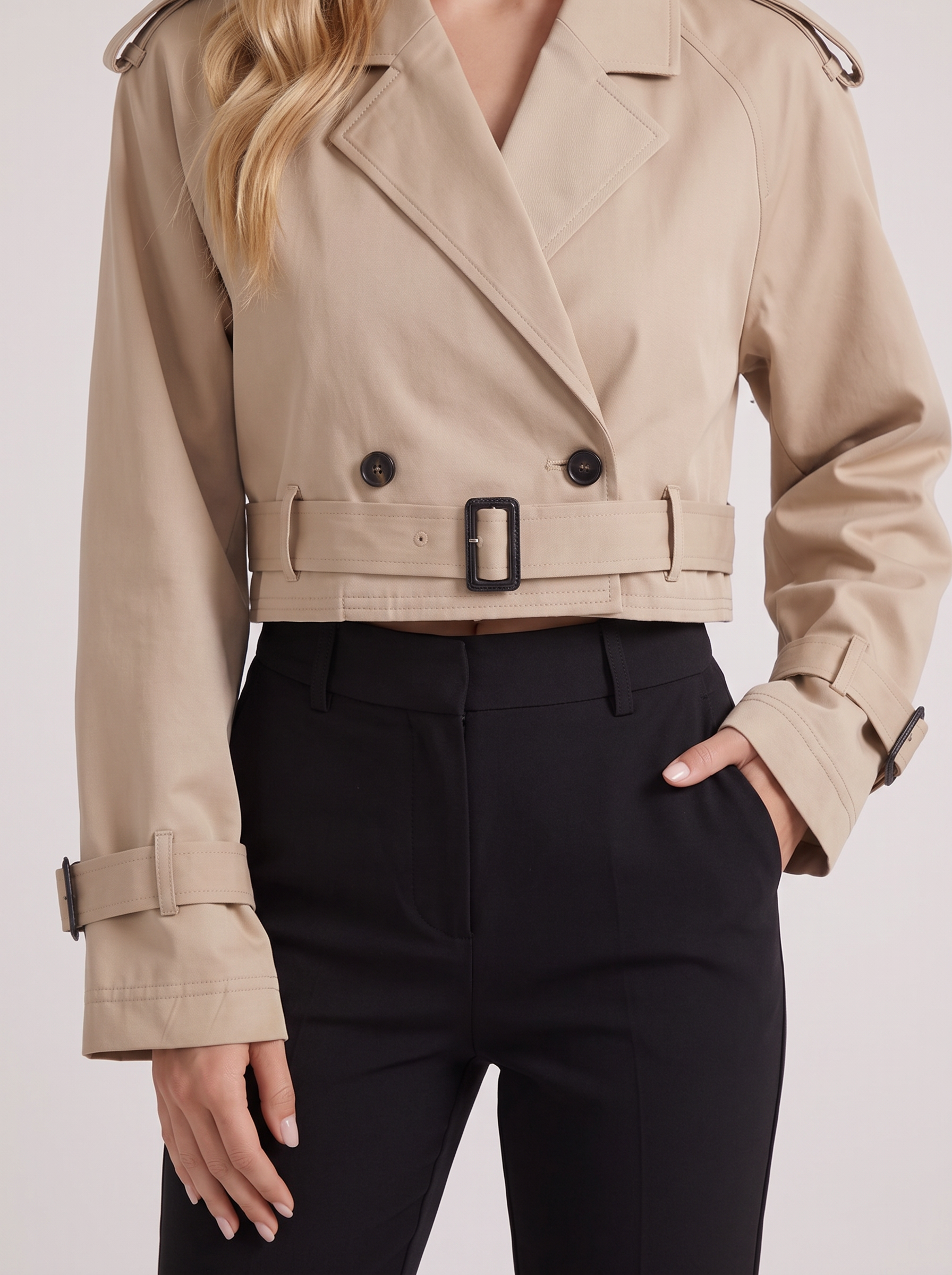 Women's khaki utility trench with epaulette shoulders and belted cuffs