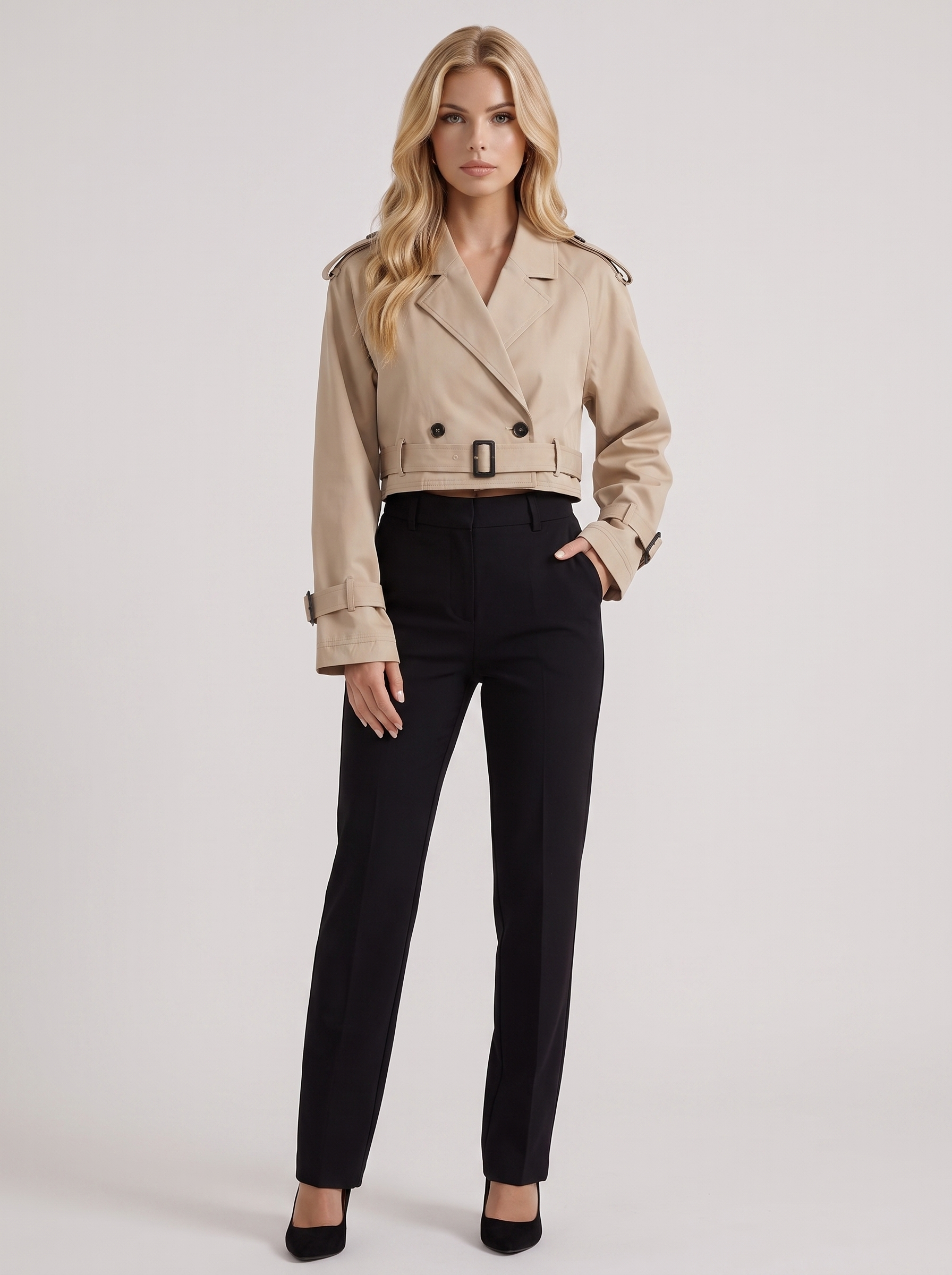Women's khaki utility trench with epaulette shoulders and belted cuffs