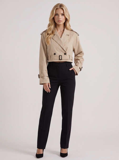 Women's khaki utility trench with epaulette shoulders and belted cuffs