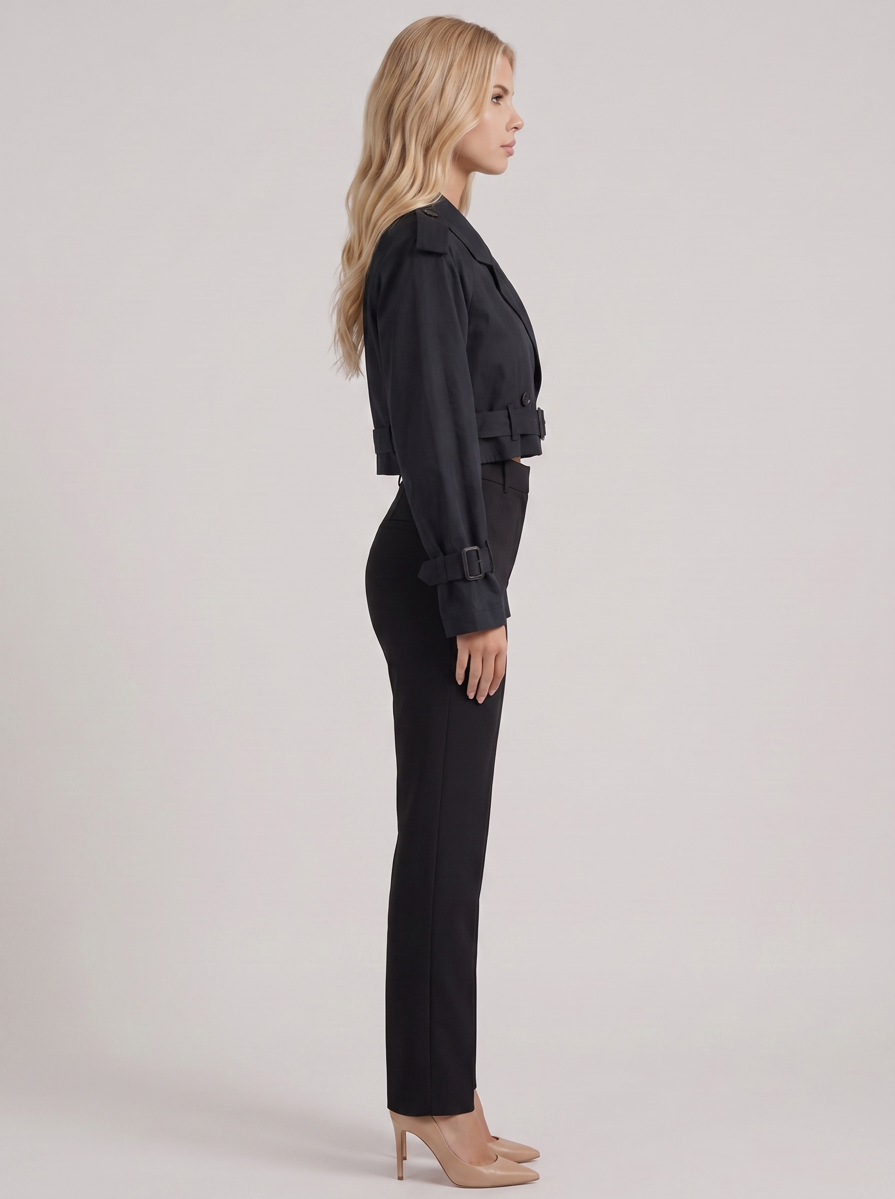 Women's navy utility trench with epaulette shoulders and belted cuffs