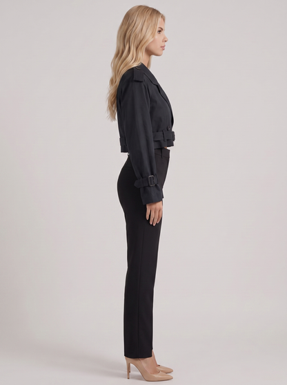 Women's navy utility trench with epaulette shoulders and belted cuffs