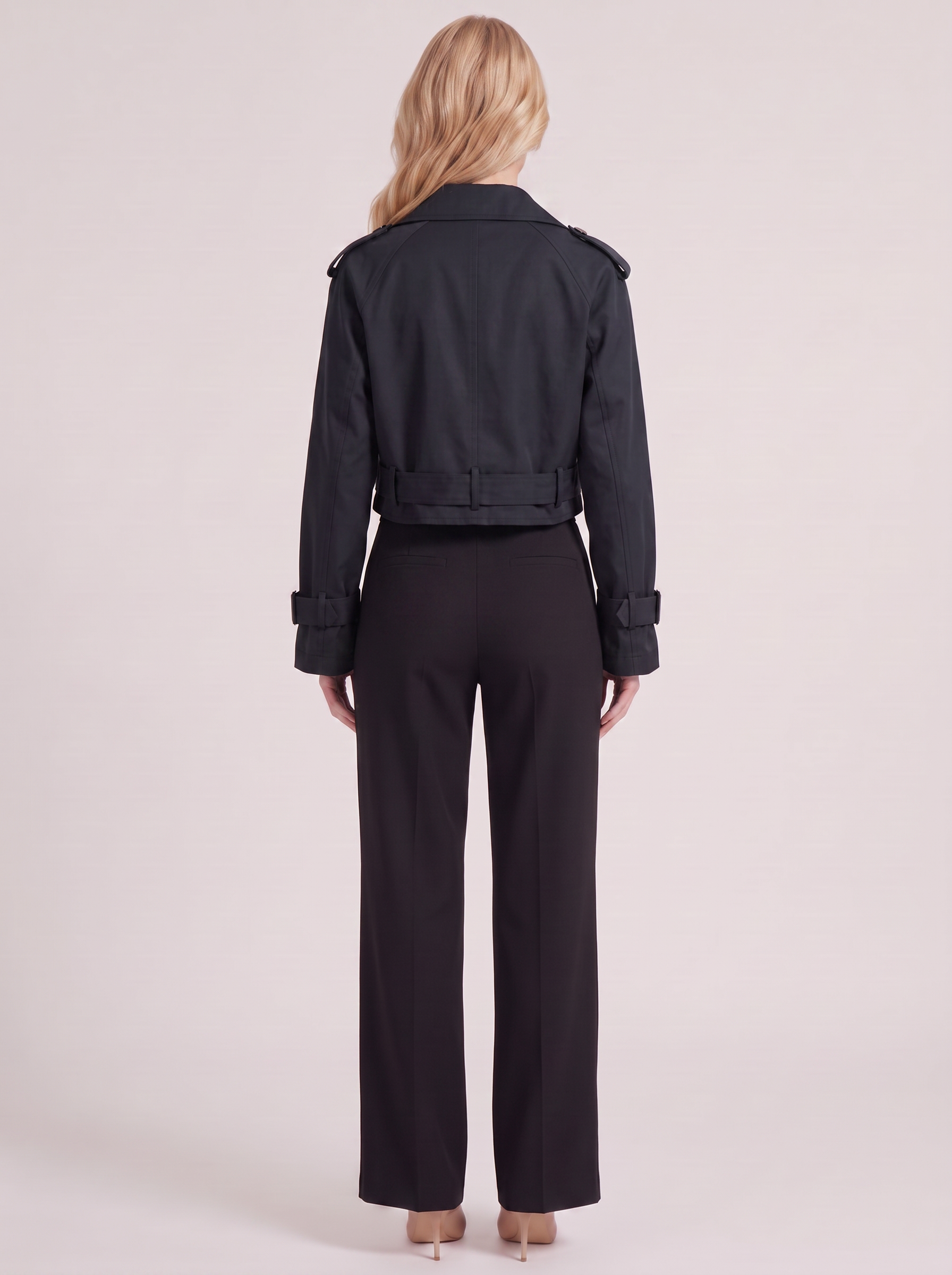 Women's navy utility trench with epaulette shoulders and belted cuffs