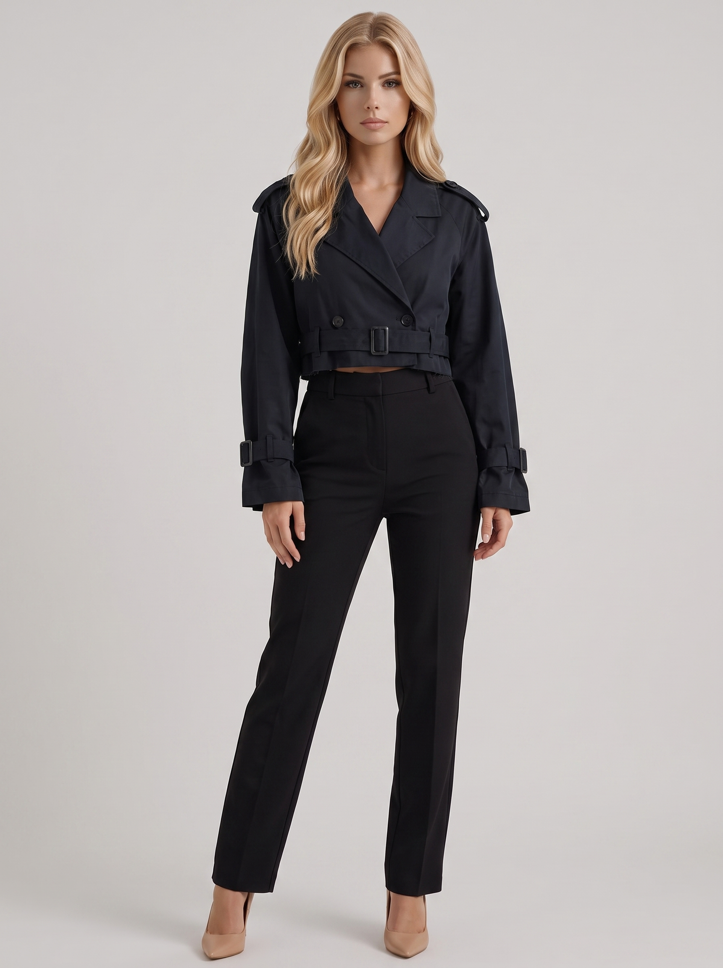Women's navy utility trench with epaulette shoulders and belted cuffs