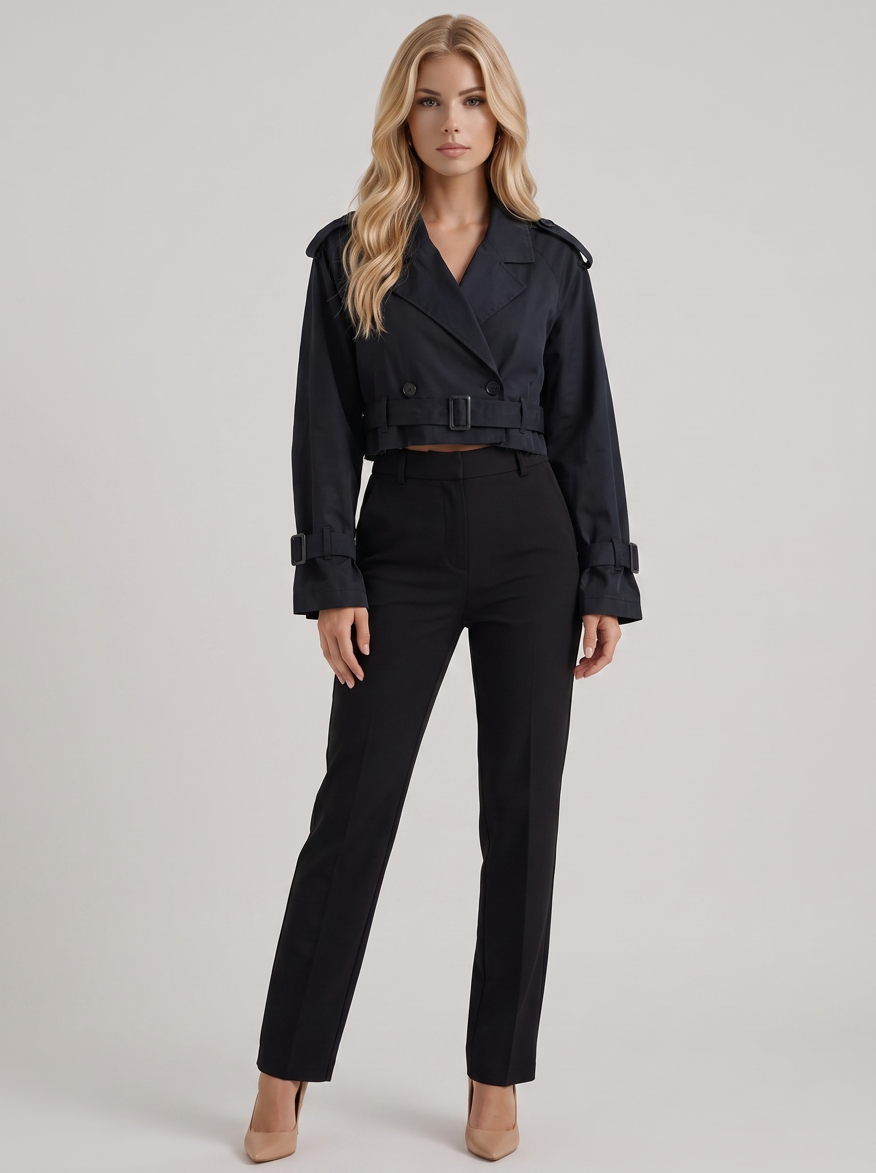 Women's navy utility trench with epaulette shoulders and belted cuffs