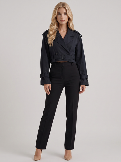 Women's navy utility trench with epaulette shoulders and belted cuffs