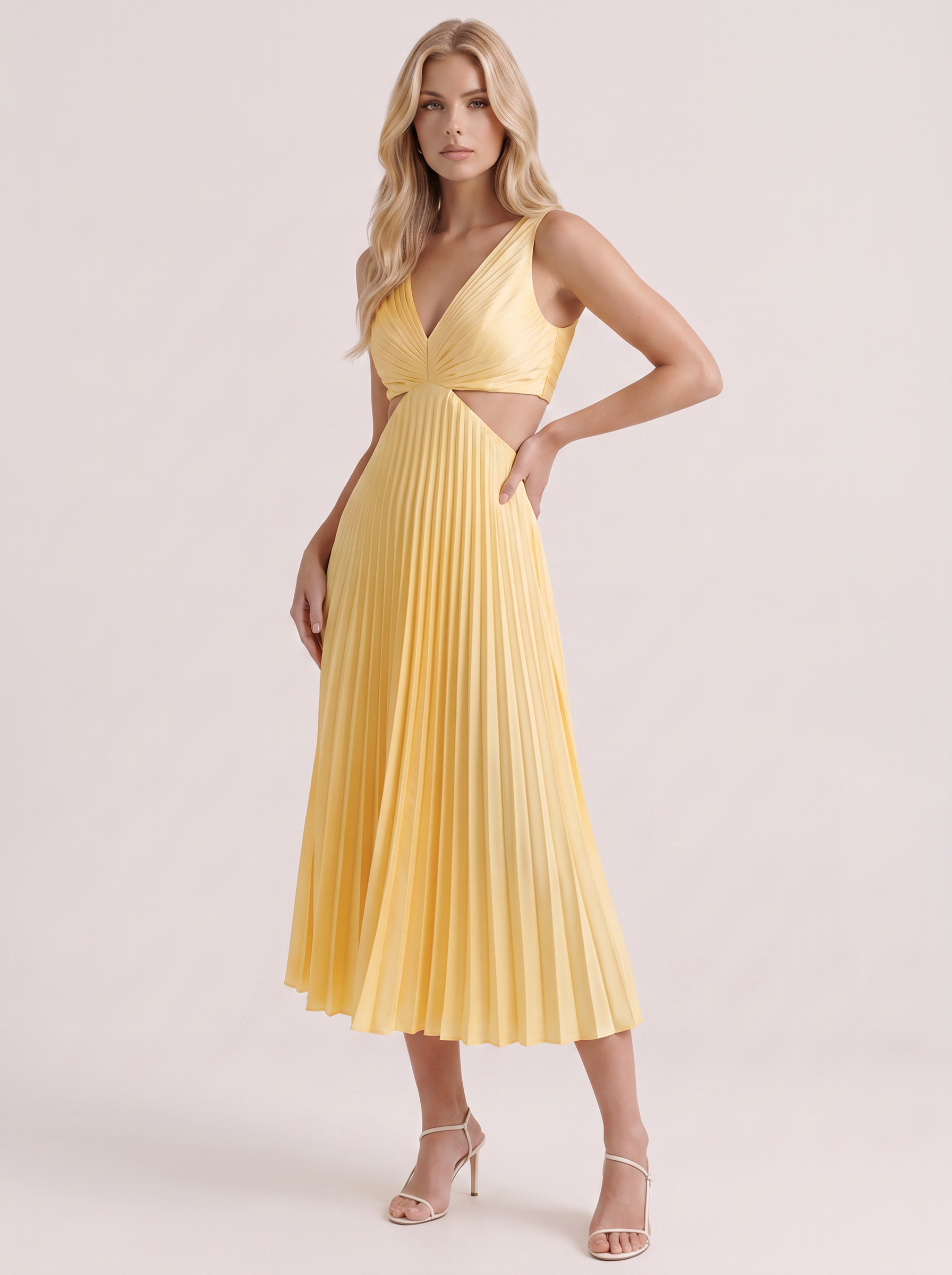 Women yellow midi dress with v neckline and side cutouts
