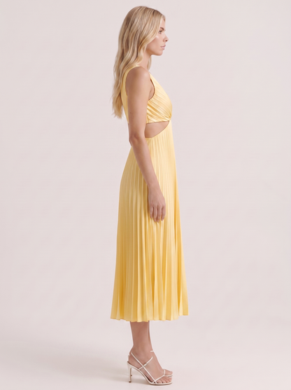 Women yellow midi dress with v neckline and side cutouts