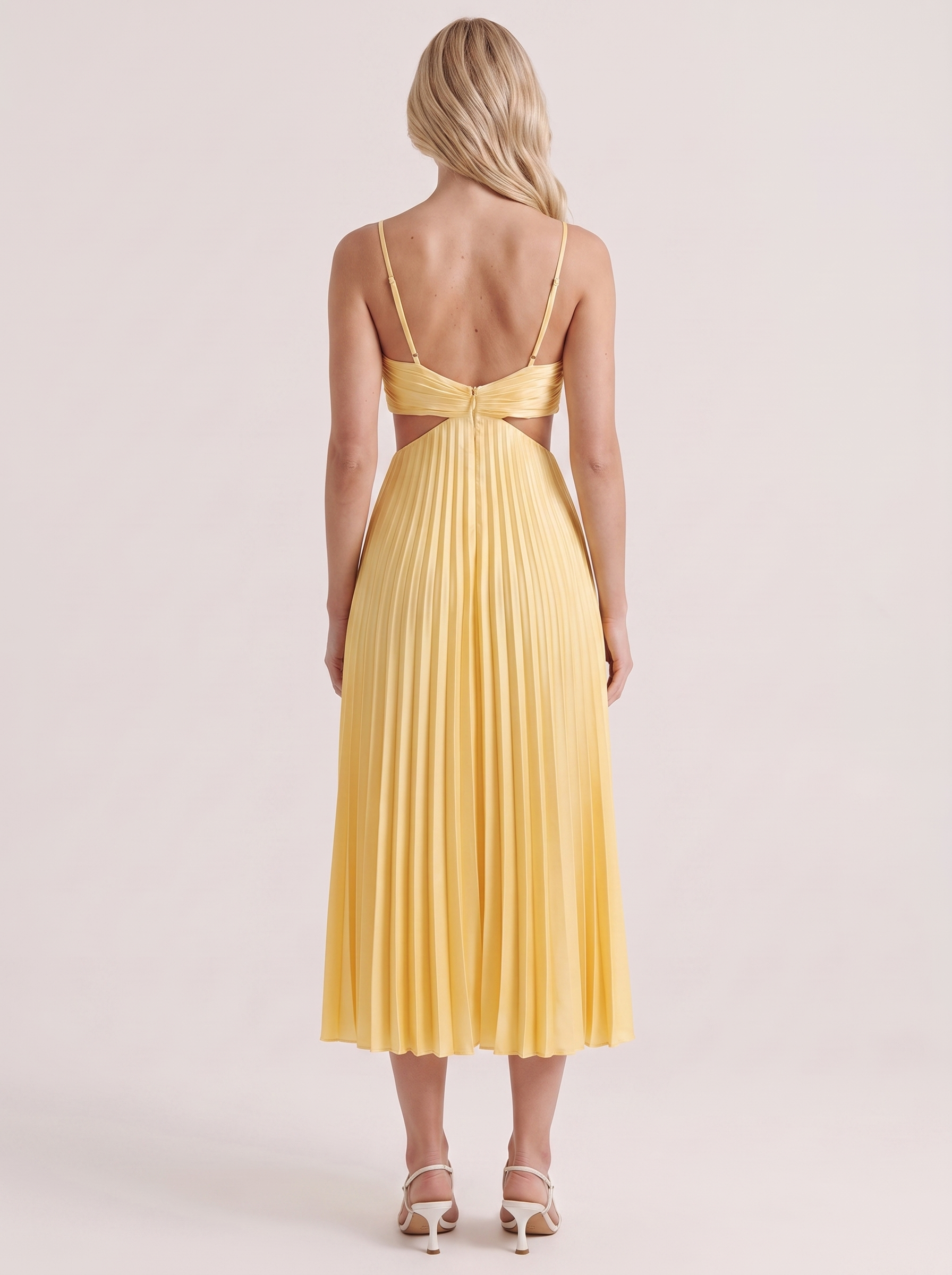 Women yellow midi dress with v neckline and side cutouts