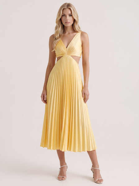 Women's Yellow Cutout Cocktail Party Pleated Midi Dress – Kaylas Collectives