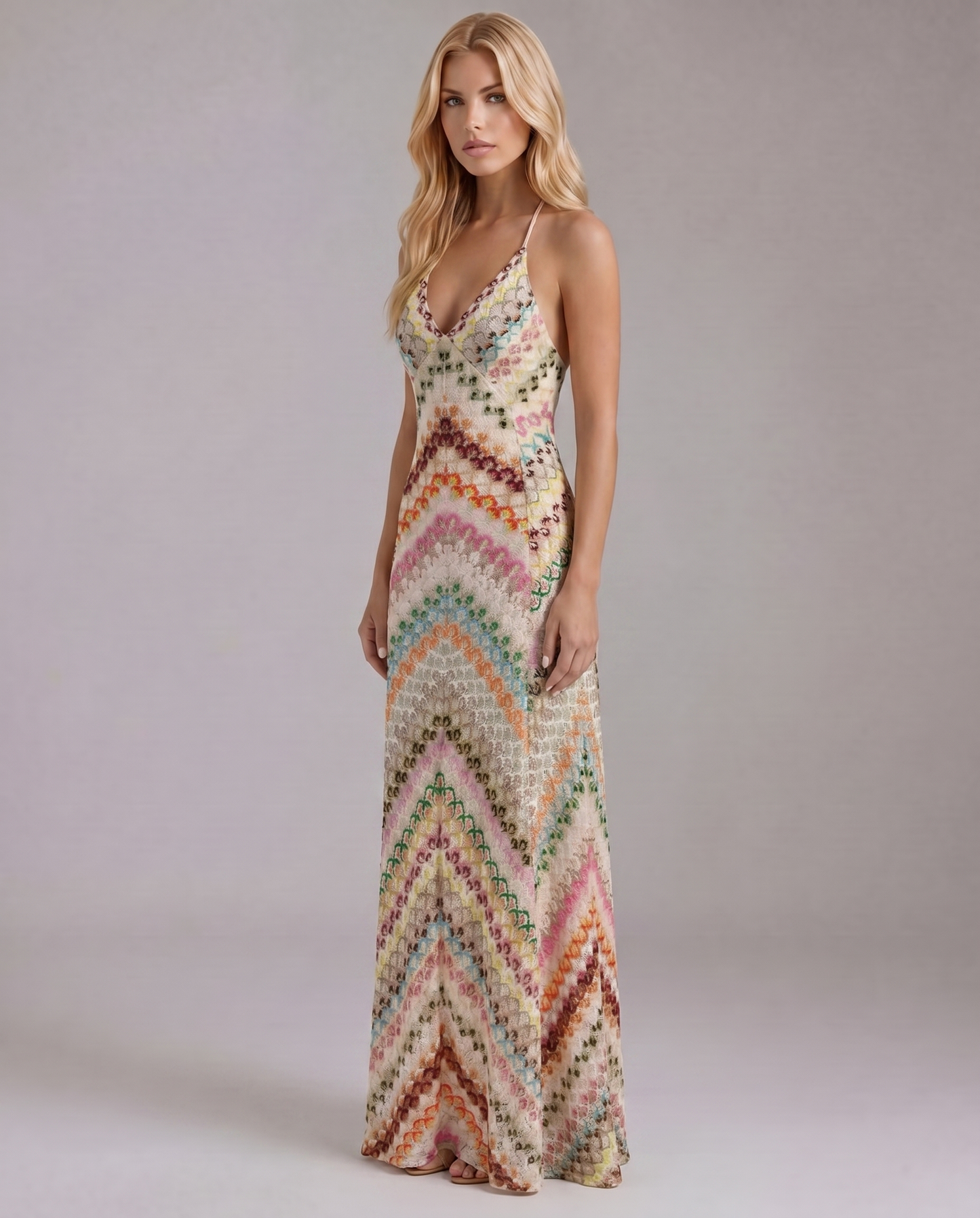 Women multicolor crochet maxi dress side view with open stitch texture and ankle length hem