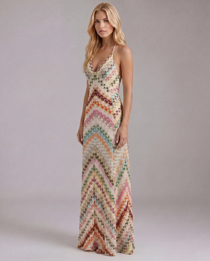 Women multicolor crochet maxi dress side view with open stitch texture and ankle length hem