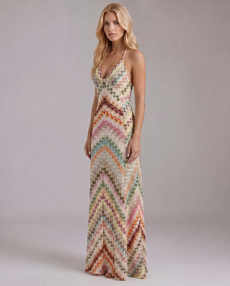 Women multicolor crochet maxi dress side view with open stitch texture and ankle length hem