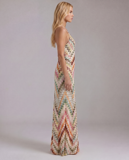 Women multicolor crochet maxi dress bodice close up showing V neckline seam and chevron pattern