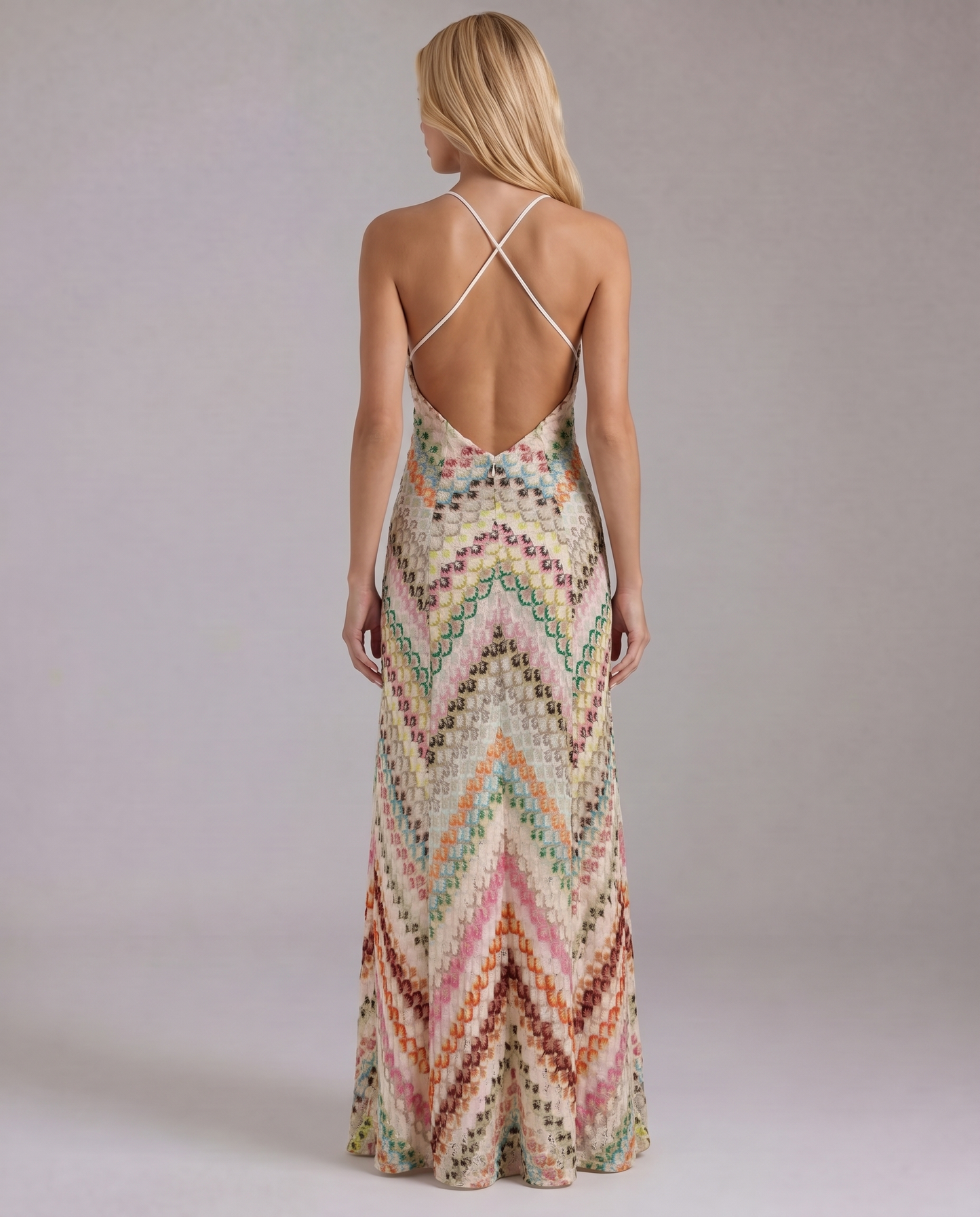 Women multicolor crochet maxi dress back view with halter neck straps and open crochet stitch