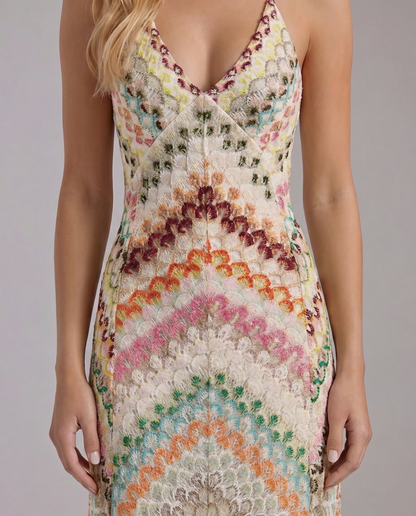 Women multicolor crochet maxi dress hem close up with chevron bands and open stitch detailing