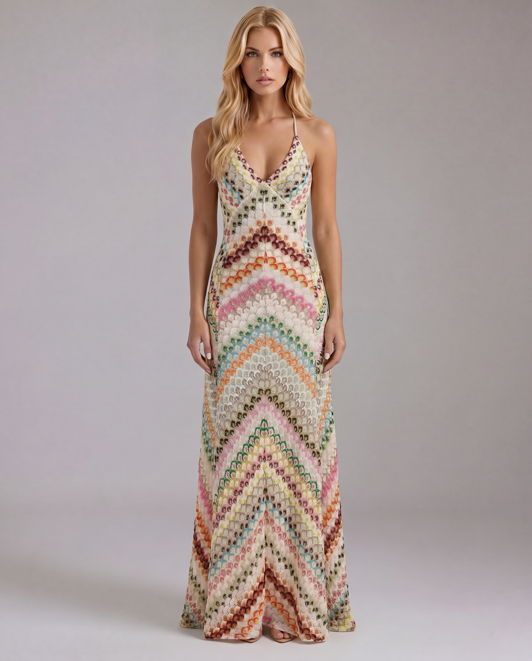 Women multicolor crochet maxi dress with V neckline and halter straps, full length front view