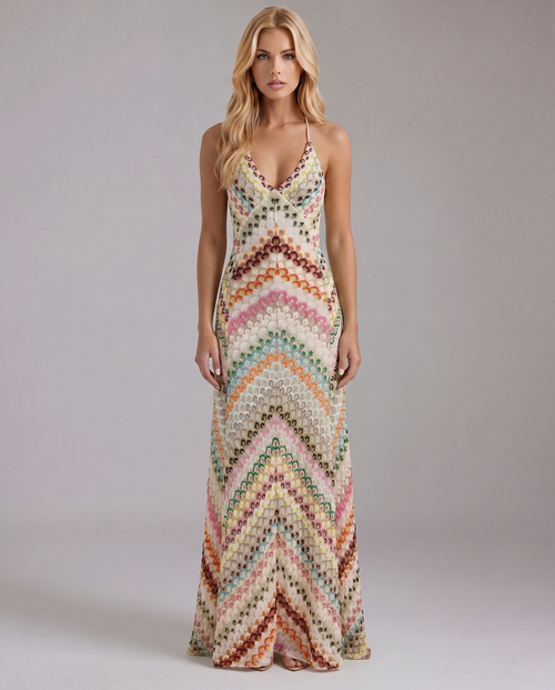 Women multicolor crochet maxi dress with V neckline and halter straps, full length front view