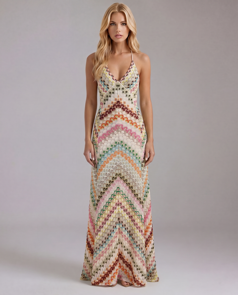 Women multicolor crochet maxi dress with V neckline and halter straps, full length front view