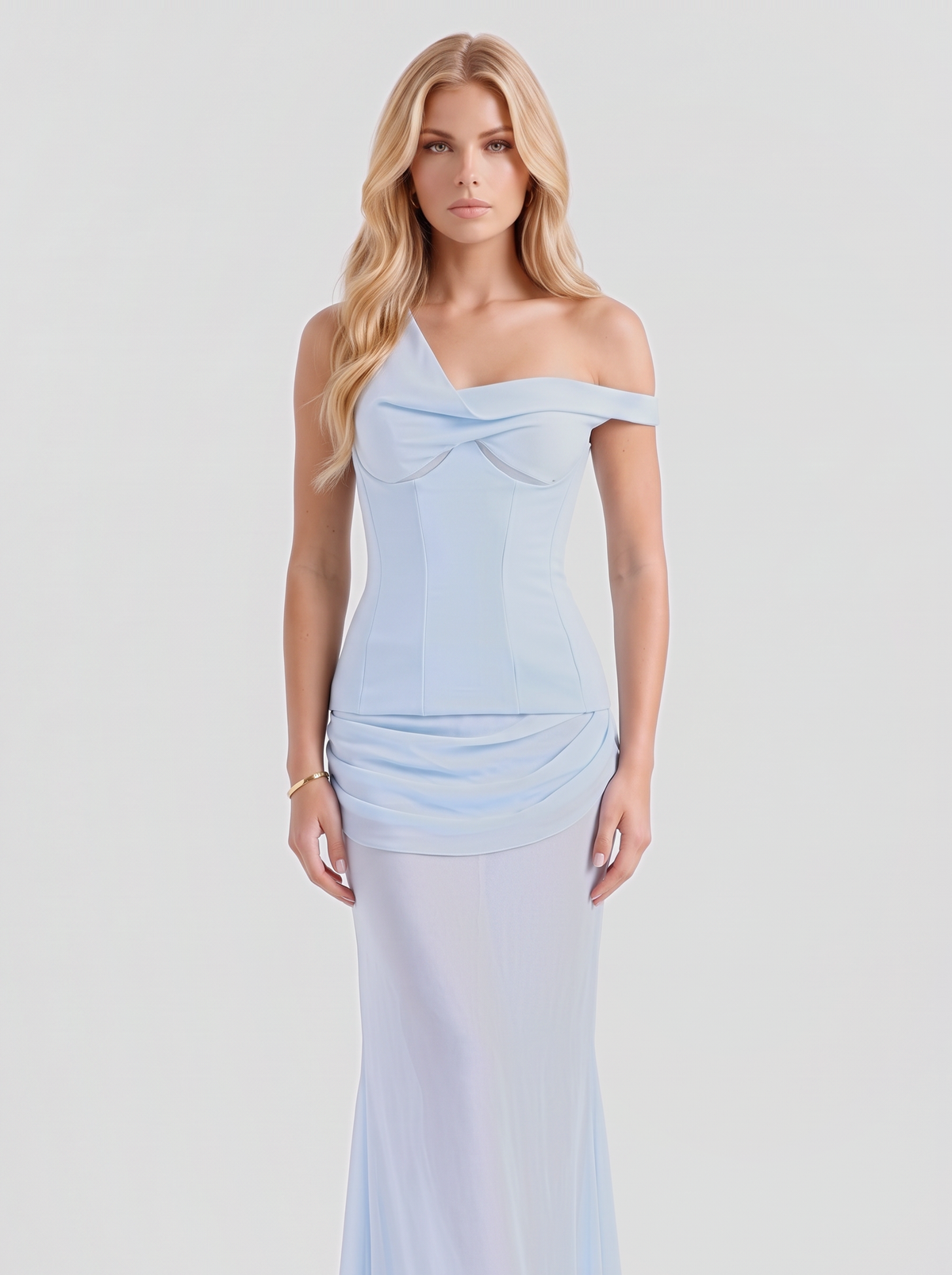 Women light blue corset top with a folded off shoulder cuff and a ruched hip band, knees up view