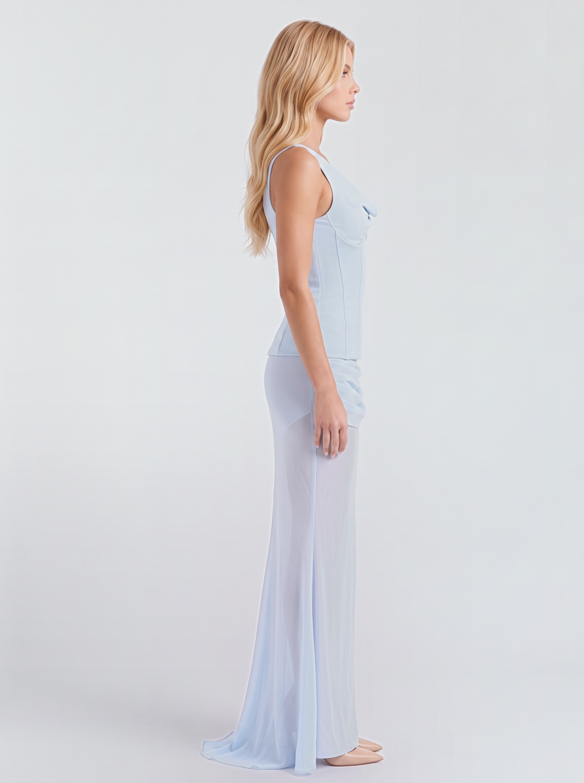 Women light blue corset two piece set with a wide shoulder strap and a short train, side view