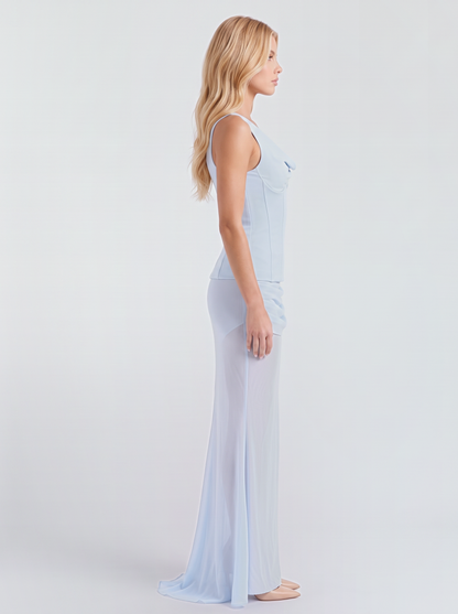 Women light blue corset two piece set with a wide shoulder strap and a short train, side view
