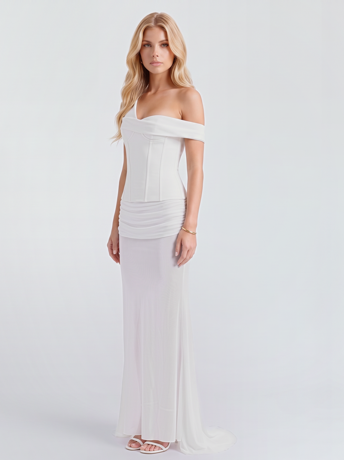 Women white corset two piece set with a sheer column skirt, three quarter view
