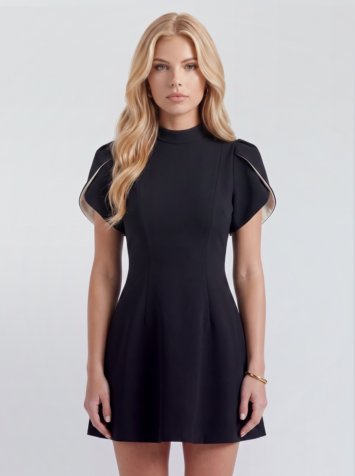 Women black mini dress with a high neckline, petal cap sleeves and a flared skirt