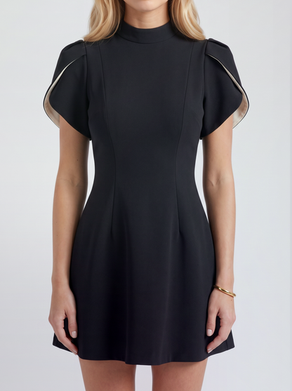 Women black mini dress, close view of the petal cap sleeves