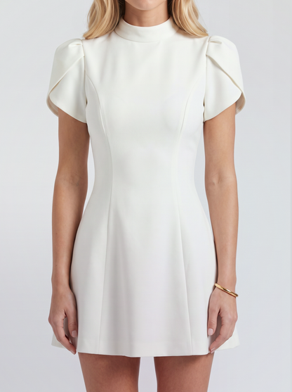 Women white mini dress, close view of the petal cap sleeves