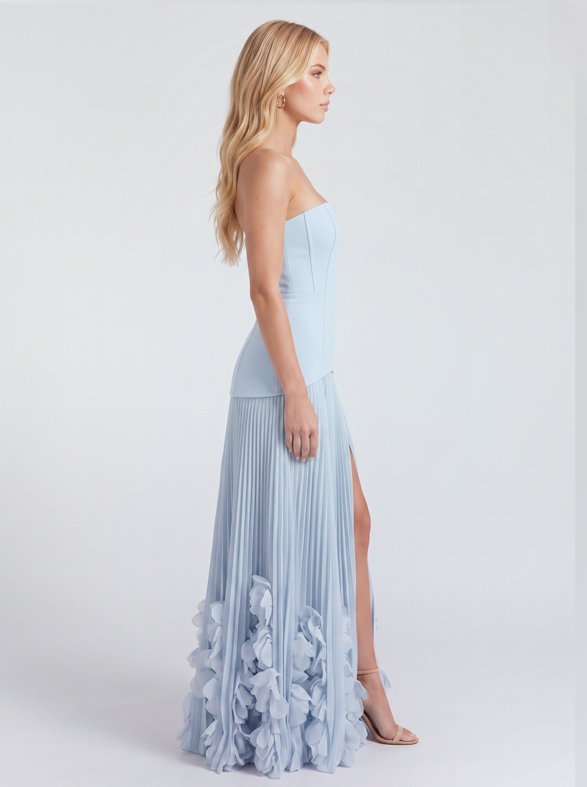 Women light blue strapless maxi dress shown from the side