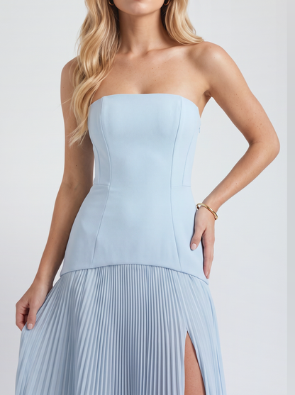 Women light blue strapless maxi dress, close view of the fluted pleated skirt